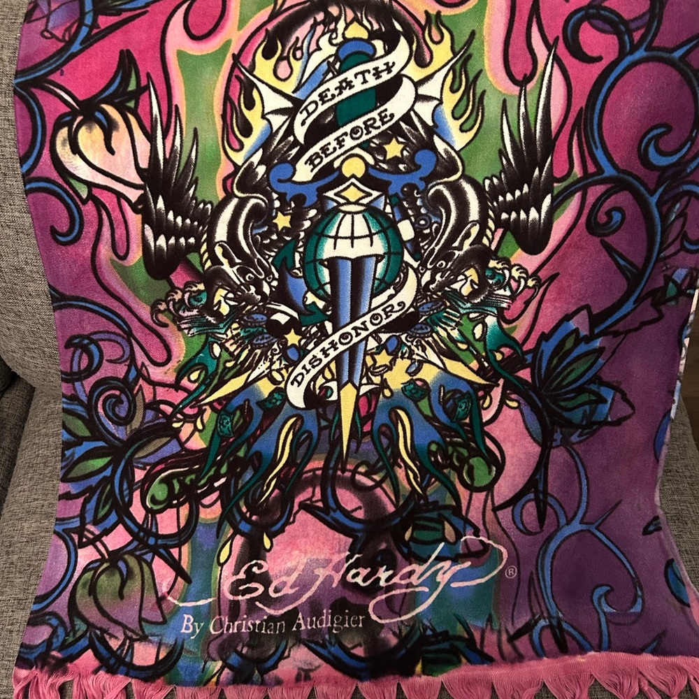Ed Hardy Vibrant Graphic Scarf with Pink and Blue